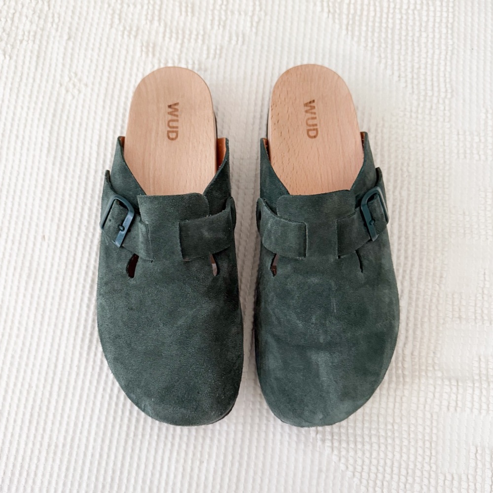 WUD Evolo Green Suede Buckle Bark Clogs 41